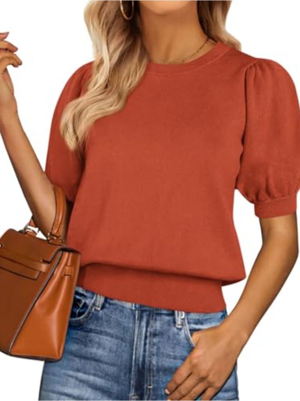 Womens Puff Short Sleeve Sweater Crewneck Knit Blouse Work Casual
